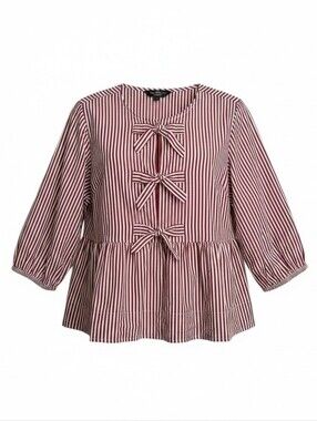 Velvet Heart Red and White Striped Peplum Blouse 100% Cotton with Front Bows Med
